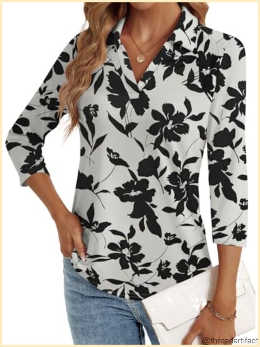 Womens 3/4 Sleeve Floral V-Neck Polo Blouse Business Casual Tunic Top